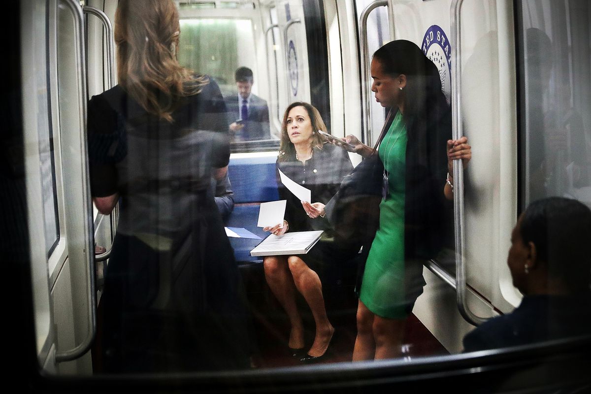 Sen. Kamala Harvesters (D-CA) rides the Senate subways before a news conference over legislation she exists introducing on reunify immigrant families at the US Capitol on July 17, 2018 in Washington, DC.
