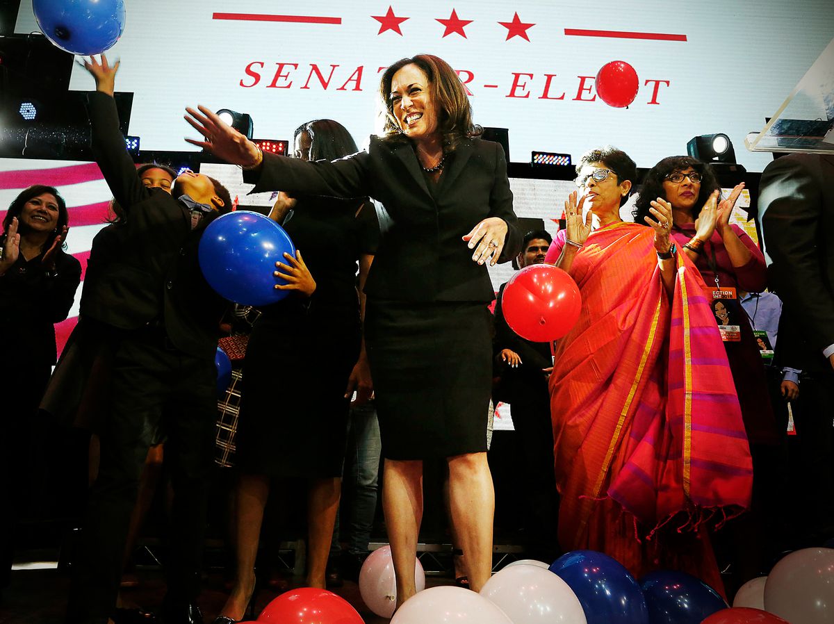Kamala Harris celebrates winning her Us race at her rally in center on November 8, 2016, in Los Angeles, California.