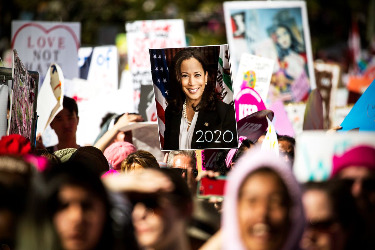 ONE character carry a poster of US Sen. Kamala Harris as people take portion in the annual Women’s March on January 19, 2019, is Los Angeles, California.