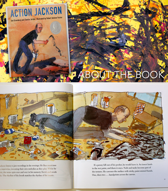 Primary grade kids read the book, Action Jackson, then create a Pollock Paintings using a crystal technique.